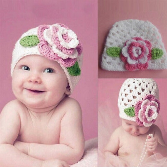 Girl's White Crochet Pink Flower Beanie Hat - Picture 3 of 3